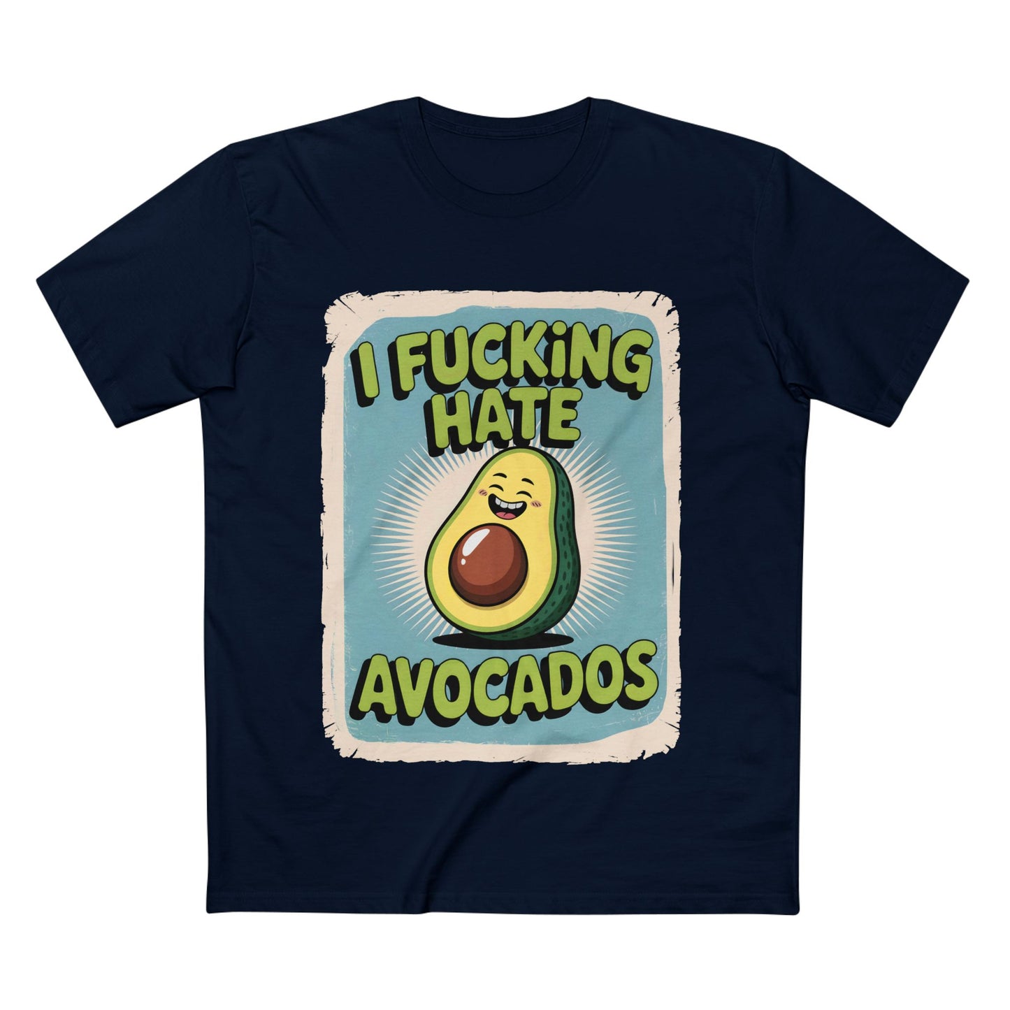 I Hate Avocados Tee with humorous avocado graphic on a dark navy shirt.