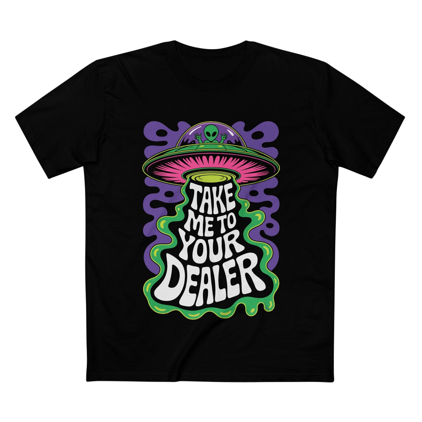 Graphic black T-Shirt featuring 'Take Me to Your Dealer' design with UFO and vibrant colors.