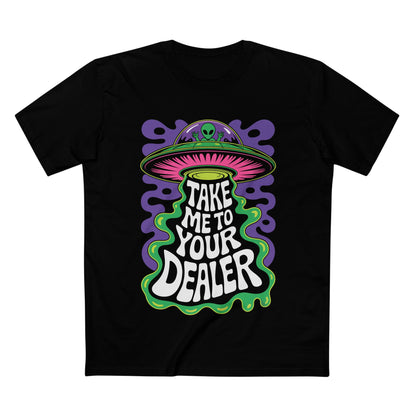 Graphic black T-Shirt featuring 'Take Me to Your Dealer' design with UFO and vibrant colors.
