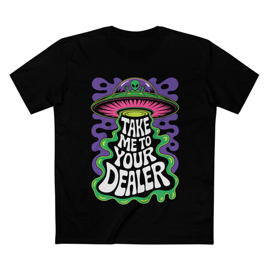 Graphic black T-Shirt featuring 'Take Me to Your Dealer' design with UFO and vibrant colors.