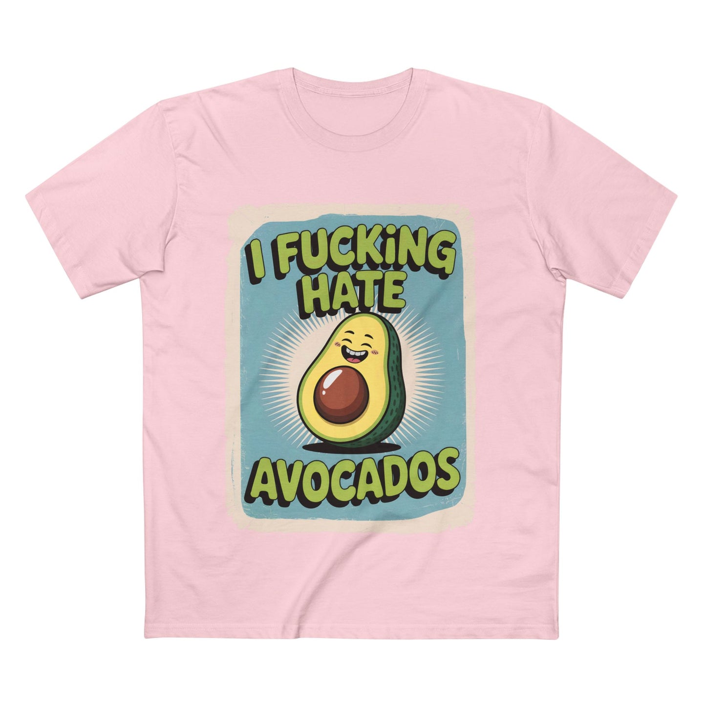 I Hate Avocados Tee featuring a playful avocado graphic and humorous text design on a pink background.