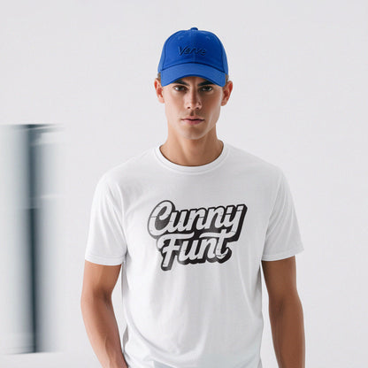 Person wearing a white t-shirt with 'Cunny Funt' text and a blue cap on a light gray background