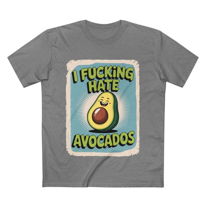 I Hate Avocados Tee featuring a quirky avocado graphic and the text 'I FUCKING HATE AVOCADOS' on a gray shirt.