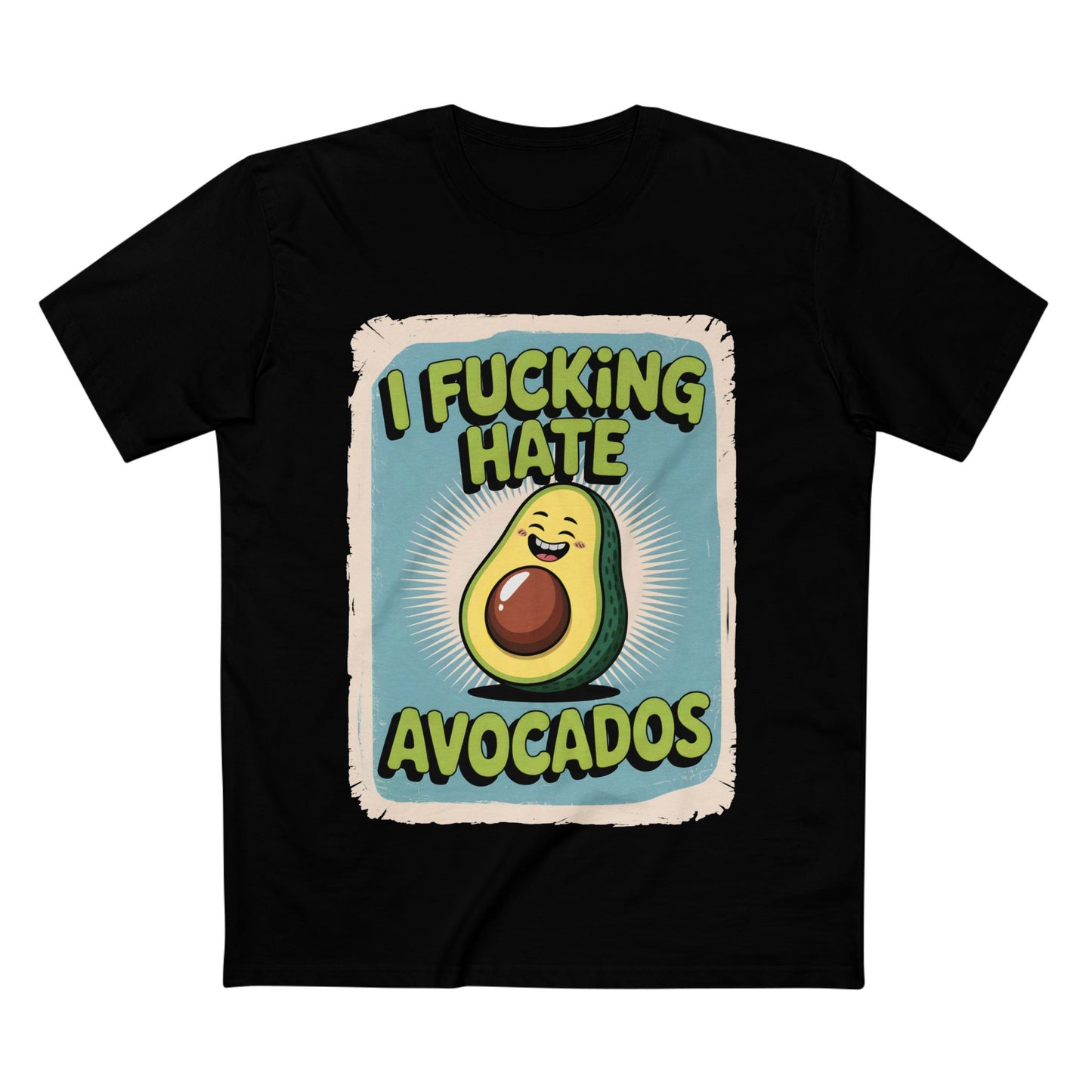 I Hate Avocados Tee featuring playful avocado graphic and bold text on a black t-shirt.
