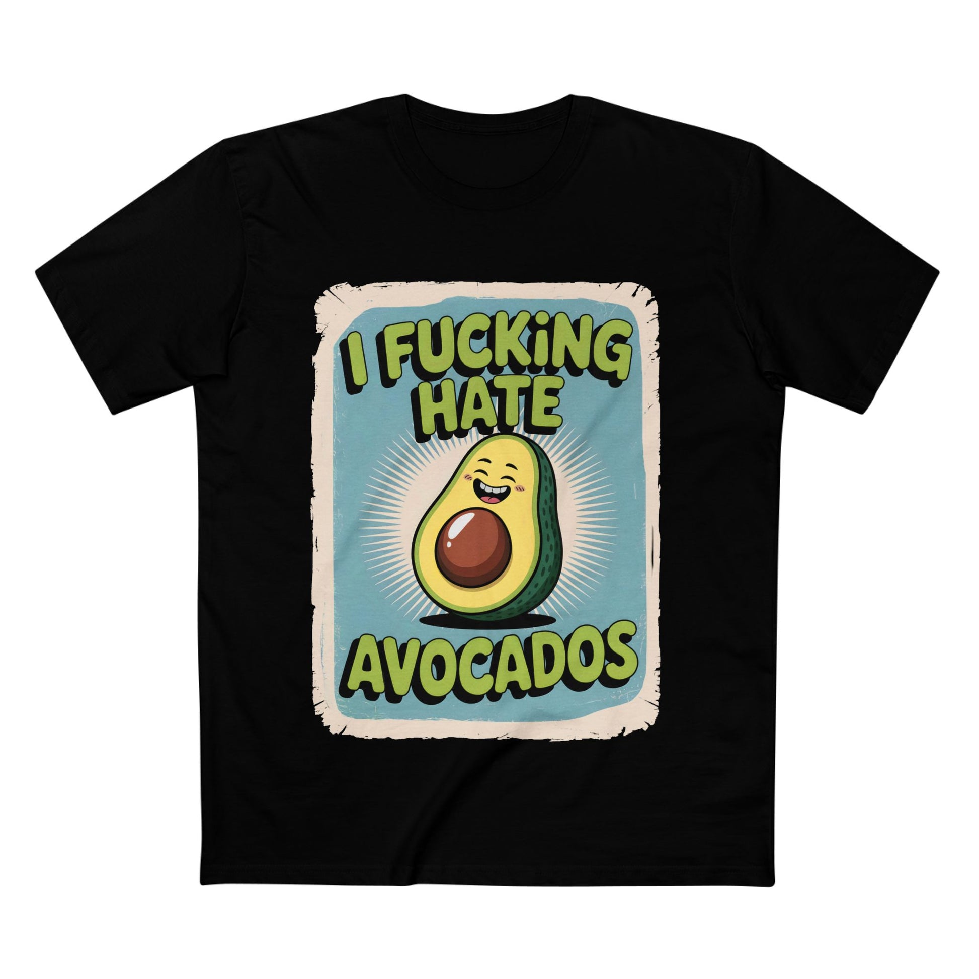 I Hate Avocados Tee featuring playful avocado graphic and bold text on a black t-shirt.