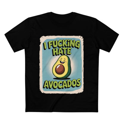 I Hate Avocados Tee featuring playful avocado graphic and bold text on a black t-shirt.