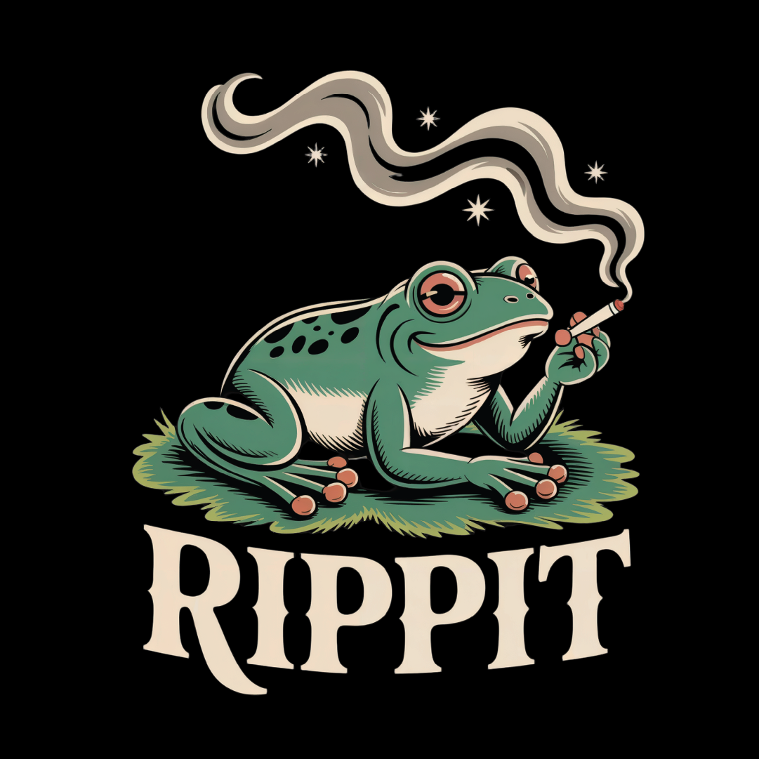 Illustration of a smoking frog with 'Rippit' text on a black background
