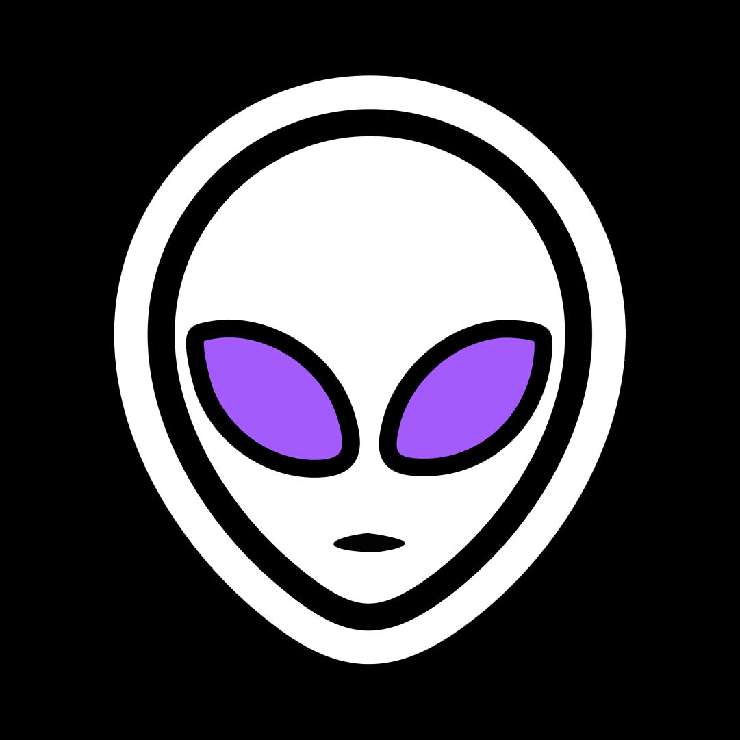 White alien face with purple eyes turning to look at you