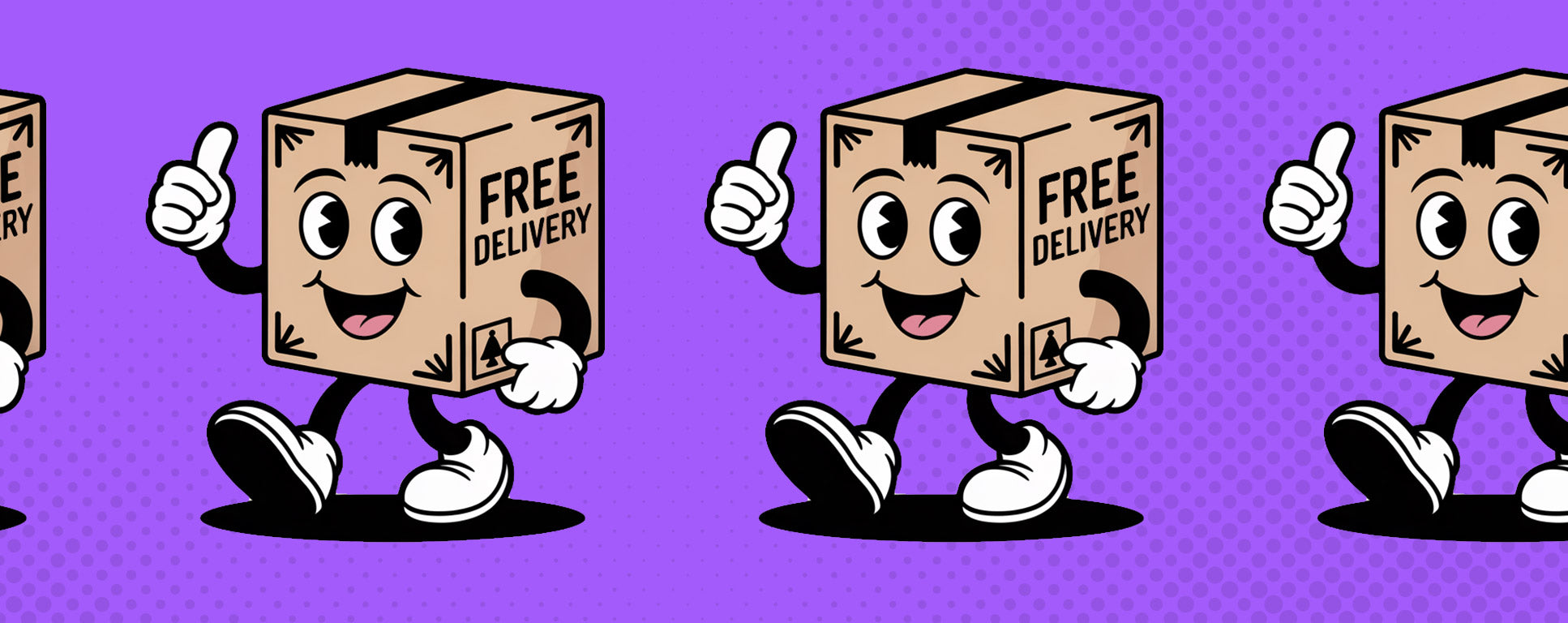 Cartoon cardboard boxes with happy faces and 'Free Delivery' text on a purple background
