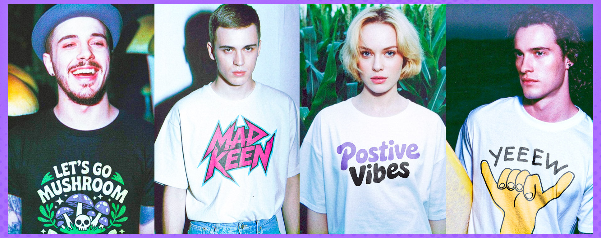 Four individuals wearing t-shirts with different designs and text.