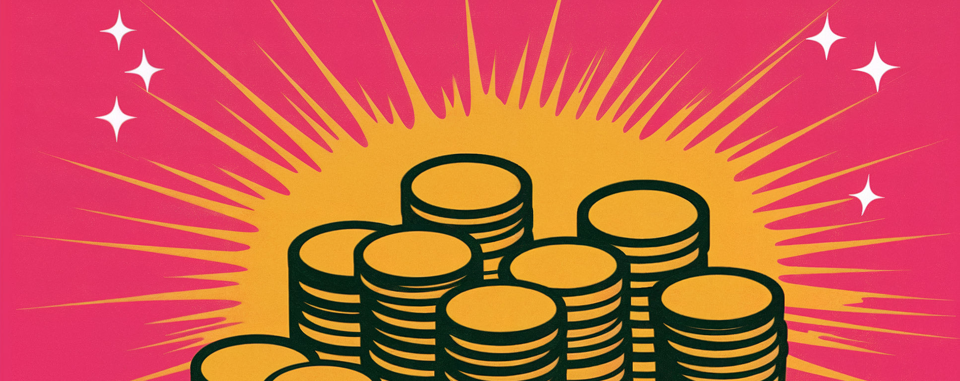 Illustration of gold coins with a pink background and starburst effect