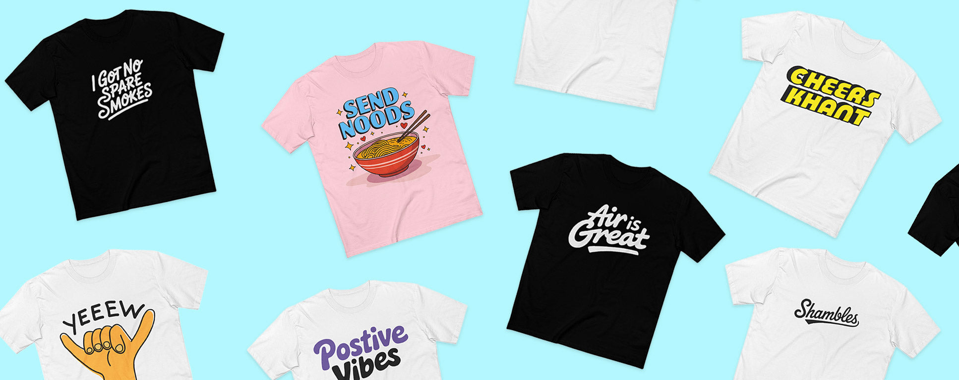 Collection of t-shirts with various designs on a blue background