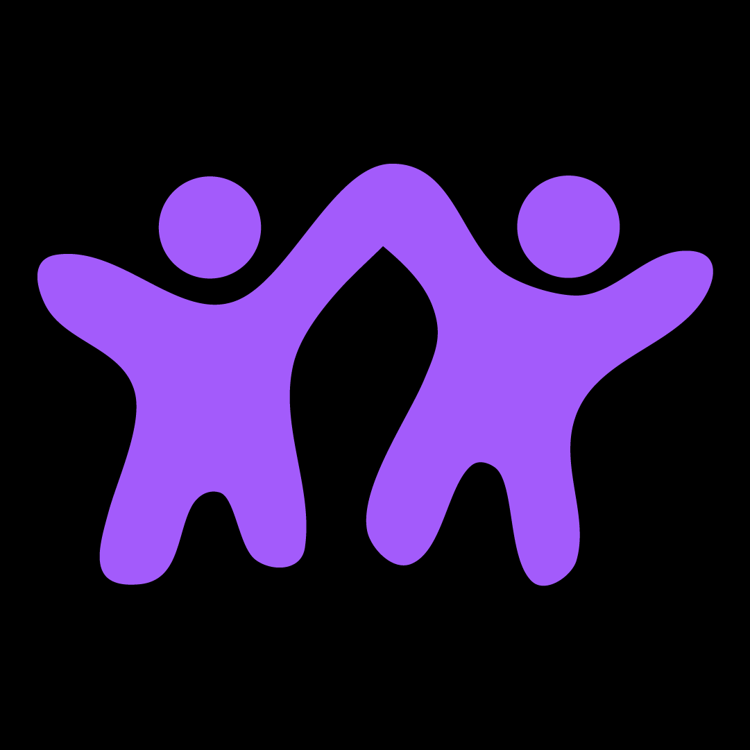 Two purple stick figures holding hands on a black background
